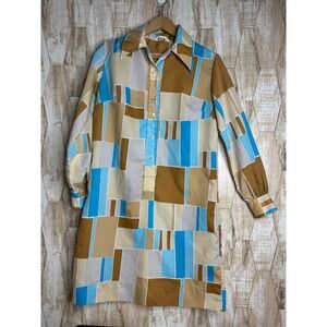 Lady Manhattan Vintage Geometric Mod Shift Dress 70s Retro Shirt Dress Blue‎ Tan